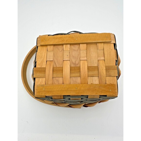 Vintage Handwoven Wood Basket w/ Burgundy Ribbon Trim – 8x7 Oval Carry Basket - Picture 6 of 6